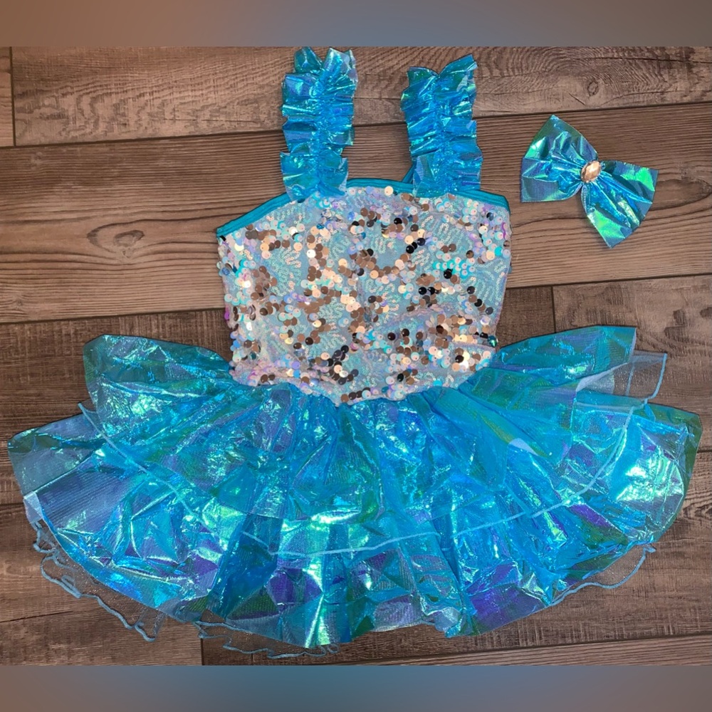 Curtain Call Bubbles Water Blue Jazz Tap Sequin Tutu Dress Dance Costume Large